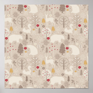 Poster Cute Woodland Animals Nordic Pattern