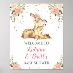 Poster Cute Woodland Deer Co-Ed Baby Girl Shower Bienvenu
