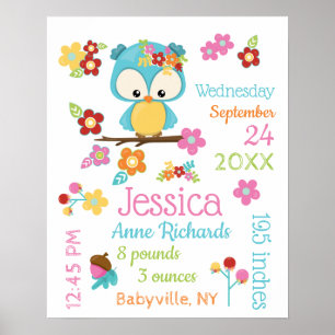 Poster Cute Woodland Owl Baby Girl Birth Record Statistiq