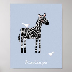 Poster Cute Zebra Nom personnalisé bleu