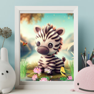 Poster Cute Zebra près d'un étang avec fleurs et oiseaux