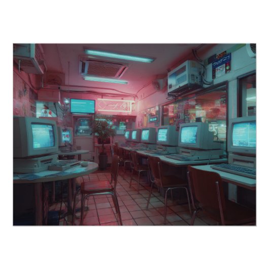 Poster Cyber Café Néon avec Moniteurs Rétro (Devant)