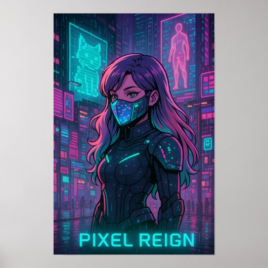 Poster Cyberpunk Anime Girl - Pixel City (Devant)