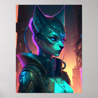 Poster Cyberpunk chat femme dans la ville de néon