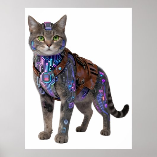 Poster Cyberpunk Circuit Cat – Neon Tech Beast (Devant)