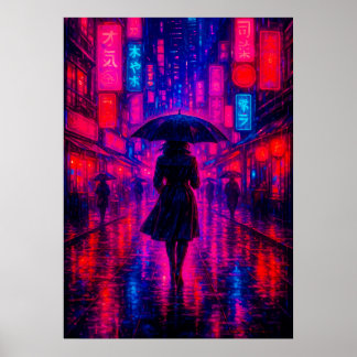 Poster Cyberpunk City Night avec néon lumières et paraplu