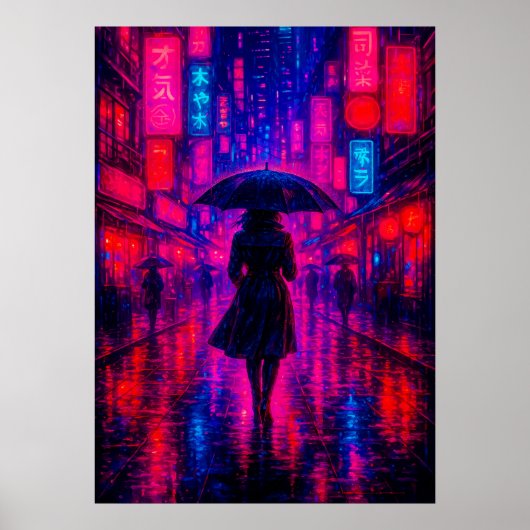 Poster Cyberpunk City Night avec néon lumières et paraplu (Devant)