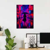 Poster Cyberpunk City Night avec néon lumières et paraplu (Bureau à domicile)