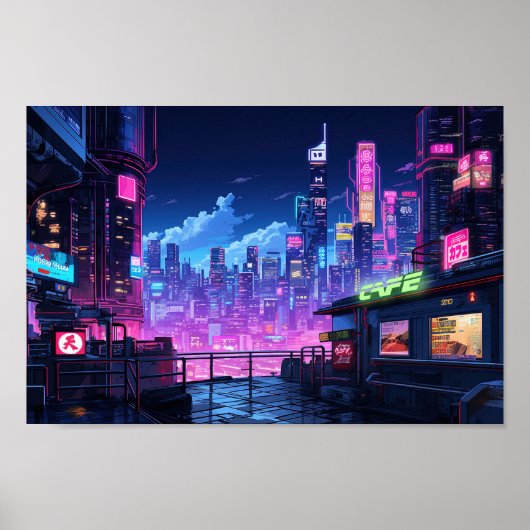 Poster Cyberpunk City Night Cafe (Devant)