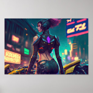 Poster cyberpunk cityscape néon lumières moto femme