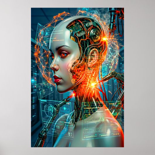 Poster Cyberpunk Female Cyborg Neon Sci-Fi Tech Art (Devant)