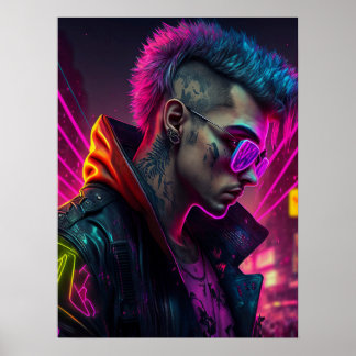 Poster Cyberpunk fille dans la ville de néon