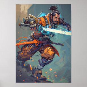 Poster Cyberpunk futuriste Samurai tenant le laser Katana