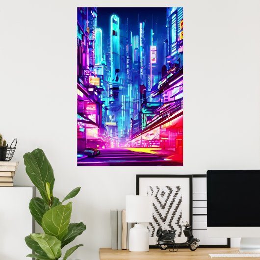 Poster Cyberpunk Futuristic Neon City (Bureau à domicile)