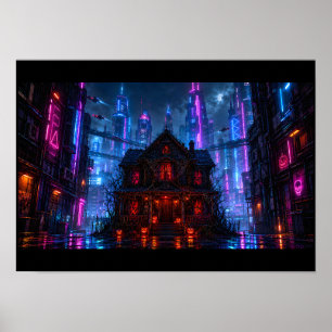 Poster Cyberpunk Halloween Maison Hantée Ville Néon