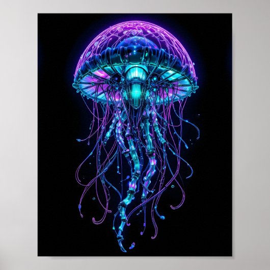 Poster Cyberpunk Jellyfish – Neon Bioluminescent Deep Sea (Devant)