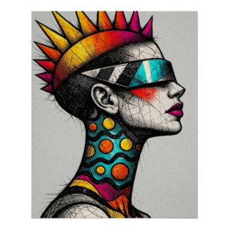 Poster Cyberpunk Mohawk Woman Portrait
