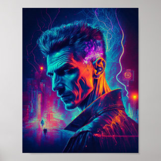 Poster Cyberpunk Nikola Tesla dans la ville