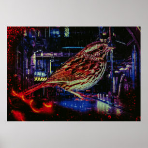 Poster Cyberpunk Sparrow dans Neon Cityscape