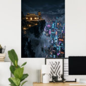 Poster Cyberpunk Temple Over Neon City (Bureau à domicile)