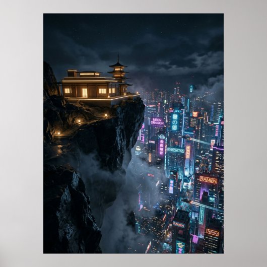 Poster Cyberpunk Temple Over Neon City (Devant)