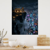 Poster Cyberpunk Temple Over Neon City (Cuisine)