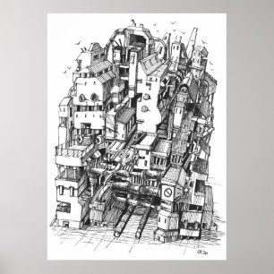 Poster Cyberpunk ville art encre