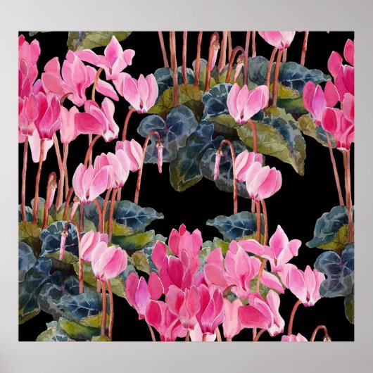 Poster Cyclamen rose : Aquarelle florale foncée (Devant)
