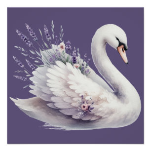 Poster Cygne aquarelle avec fleurs de lavande