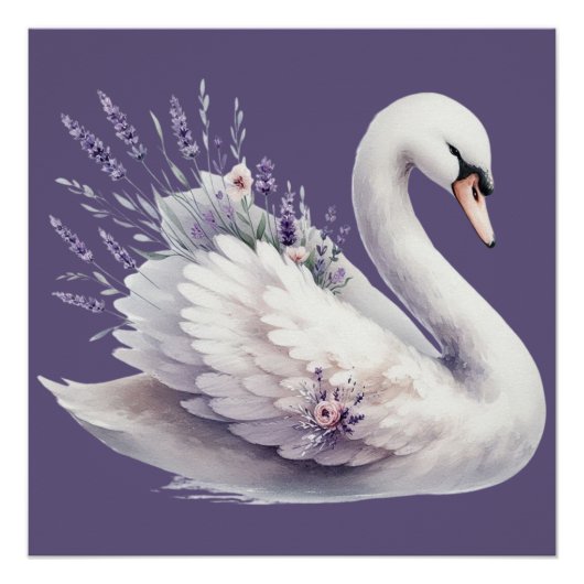 Poster Cygne aquarelle avec fleurs de lavande (Devant)