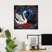 Poster Cygnes blancs et noirs avec Coeurs et Roses (Bureau à domicile)