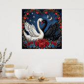Poster Cygnes blancs et noirs avec Coeurs et Roses (Cuisine)