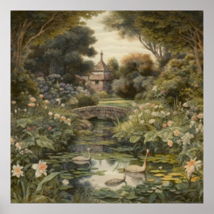 Poster Cygnes vintage dans un jardin anglais - Botanique