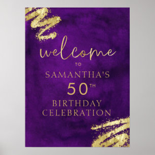 Poster d'accueil d'anniversaire violet et or 18x24