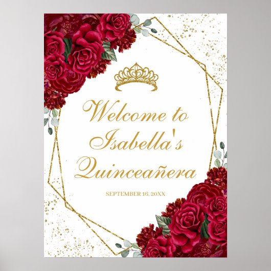 Poster d'accueil Quinceanera Floral Rouge et Or (Devant)