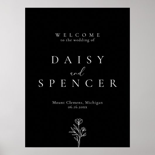 Poster d'accueil simple Mariage Floral Noir (Devant)