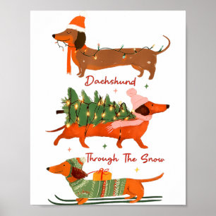 Poster Dachshund à travers la neige Joyeux Noël Dachshu