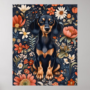 Poster Dachshund adorable entouré de fleurs vibrantes