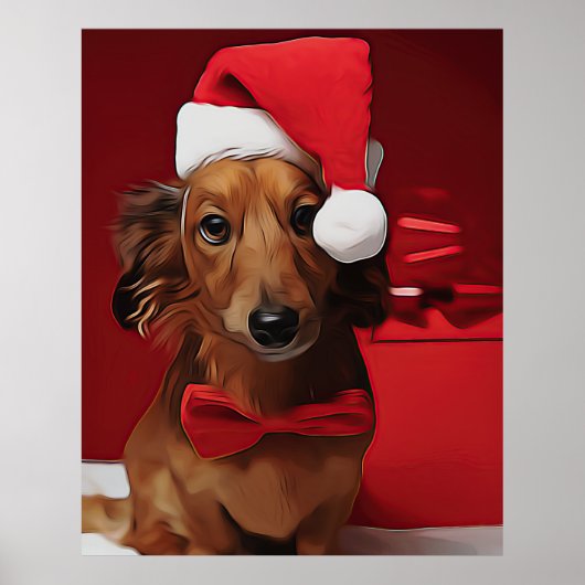Poster Dachshund Assis Devant Un Cadeau De Noël (Devant)