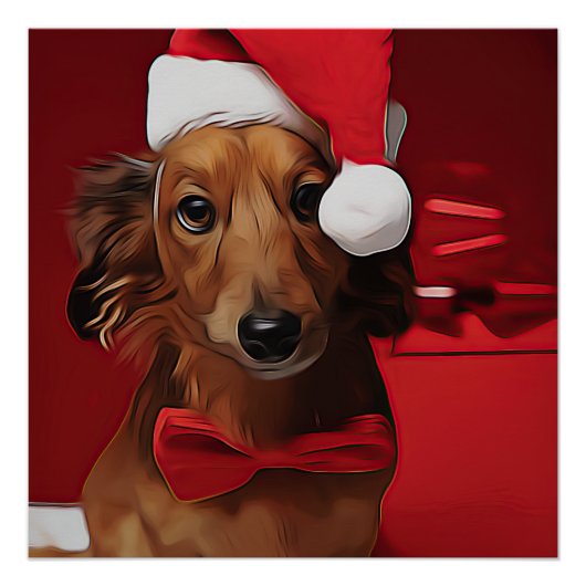 Poster Dachshund Assis Devant Un Cadeau De Noël Pos (Devant)