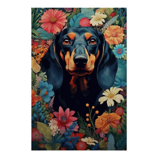 Poster Dachshund Au Coeur D'Une Symphonie De Fleurs (Devant)
