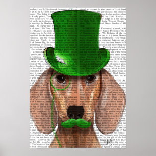 Poster Dachshund avec chapeau vert et moustache