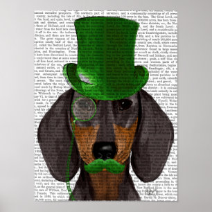 Poster Dachshund avec ton noir de chapeau vert