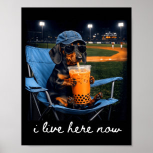 Poster Dachshund boit du café glacé terrain de baseball e