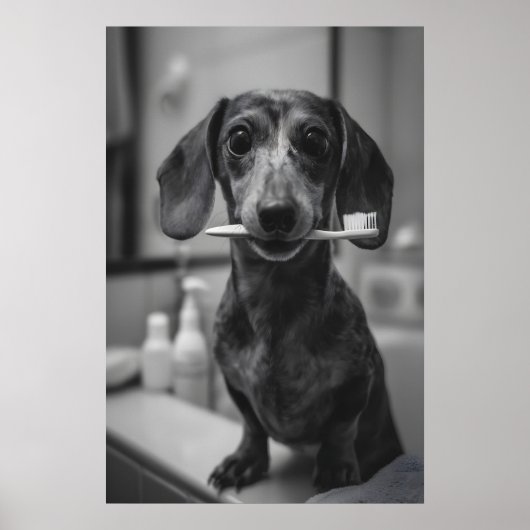 Poster Dachshund Brushing Teeth Print, Funny Bathroom Dog (Devant)
