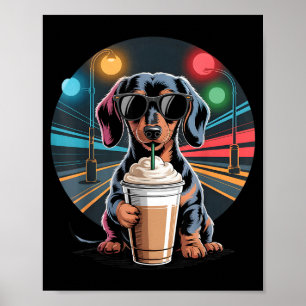 Poster Dachshund buvant du café glacé animal chien mème