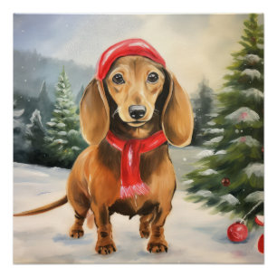 Poster Dachshund Chien dans la neige Noël