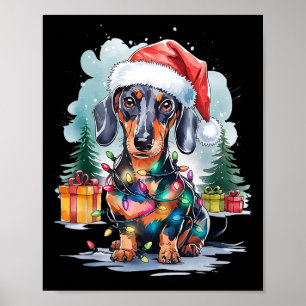 Poster Dachshund Chien Santa Hat Lumières de Noël Arbre W