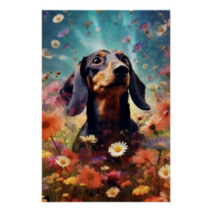 Poster Dachshund D'Art Abstrait Avec Fleurs