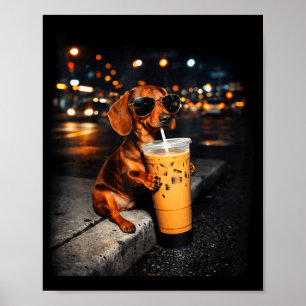 Poster Dachshund drôle buvant du café glacé mème de chien